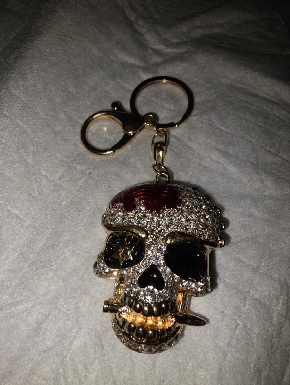 Gold Crystal Skull Bag Charm Keychain with Red Accents